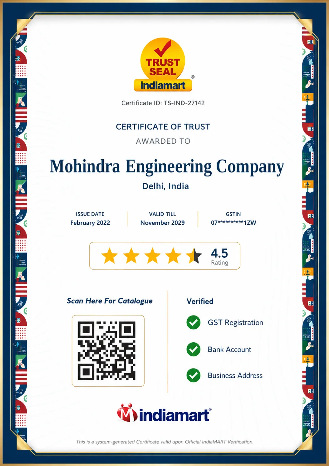 Mohindra Mechanical Works certificate and recognition 1