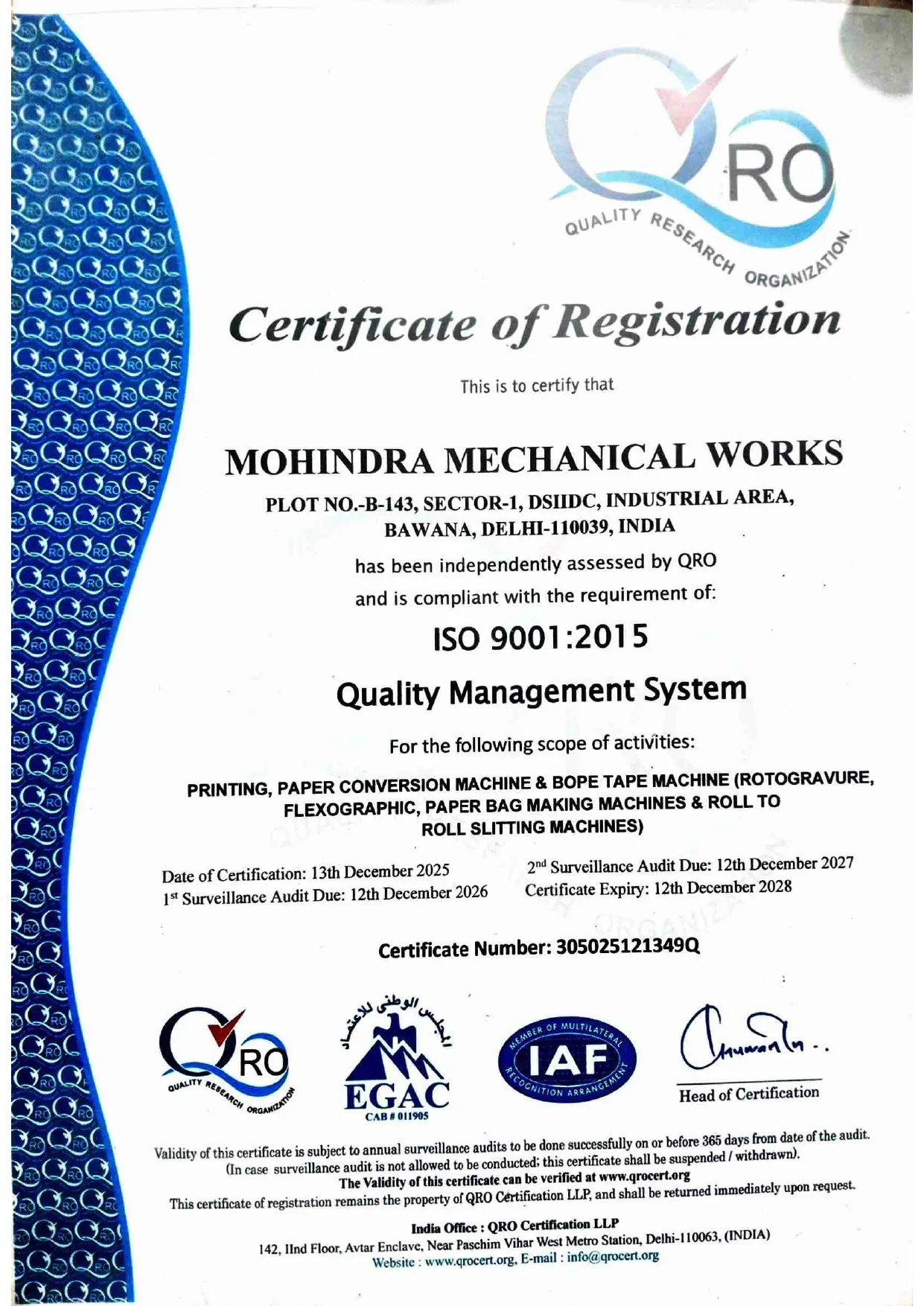 Mohindra Mechanical Works certificate and recognition 2