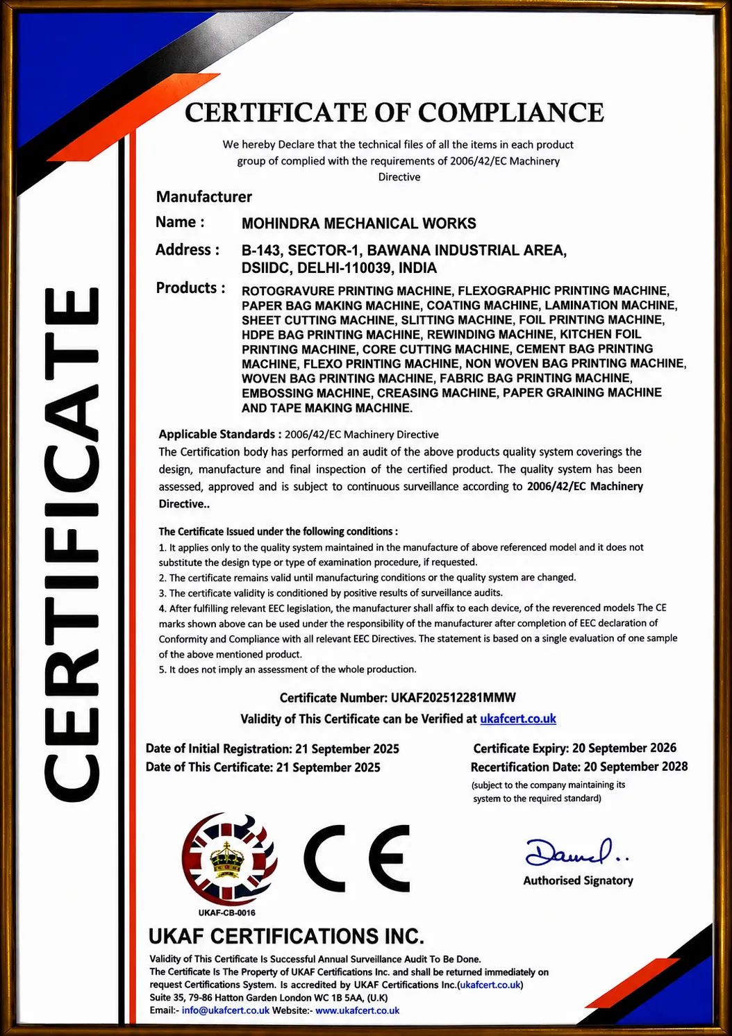 Mohindra Mechanical Works certificate and recognition 3