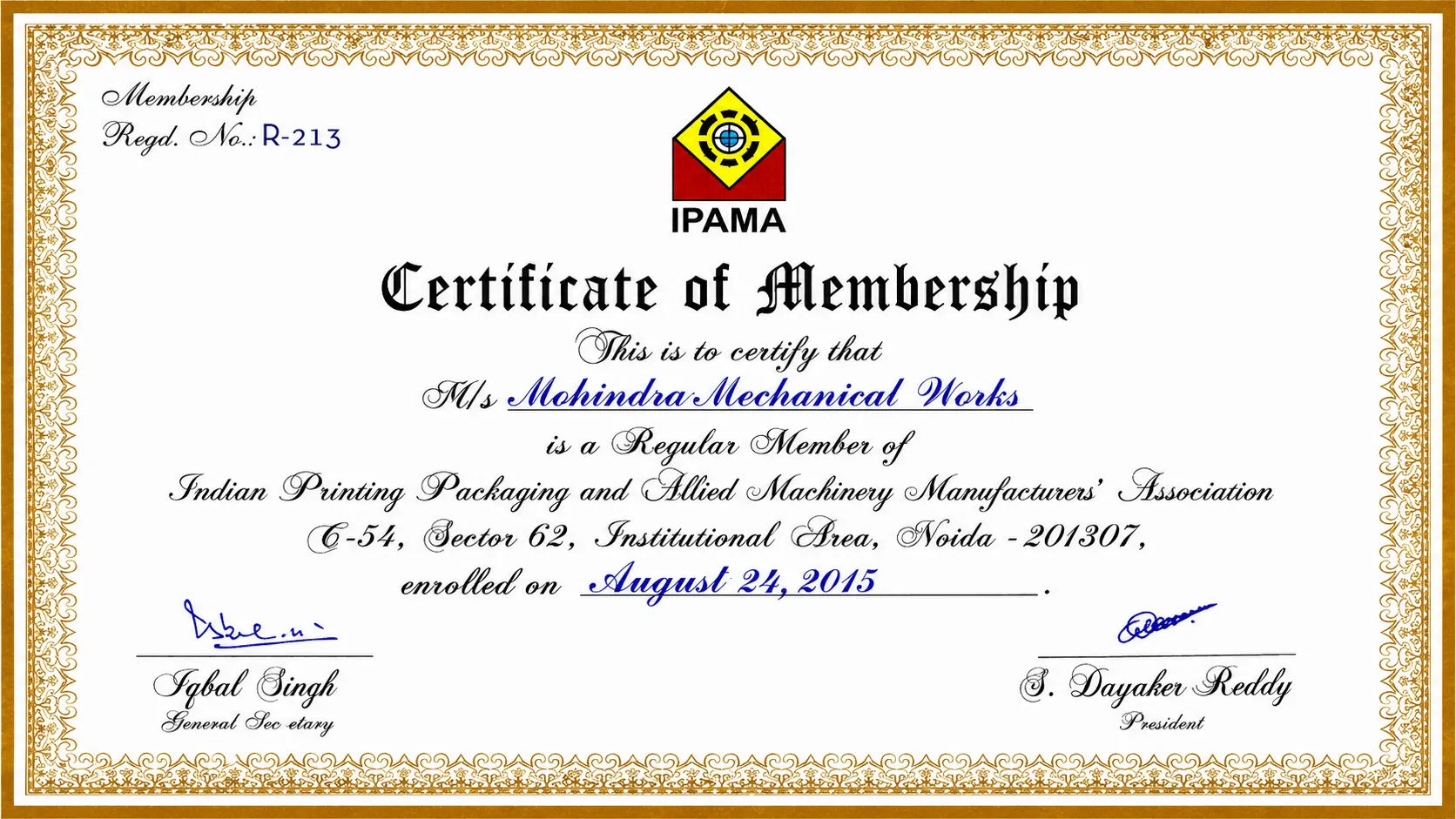 Mohindra Mechanical Works certificate and recognition 6