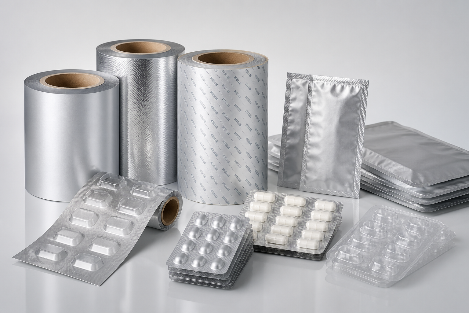 Printed blister foils, strip-packing foils, Alu-Alu packs and medicine packaging rolls.