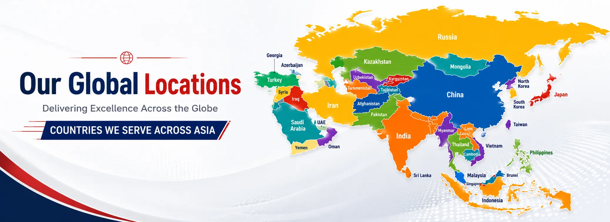 World map showing Asian countries served by Mohindra Mechanical Works