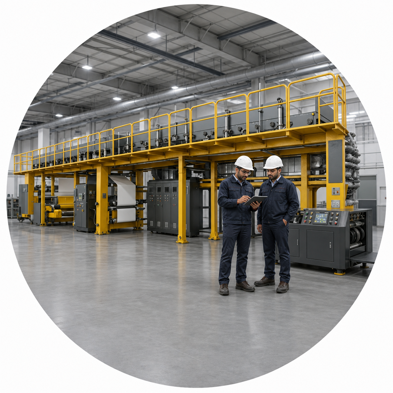 Mohindra Mechanical Works yellow industrial machine with engineers in the factory